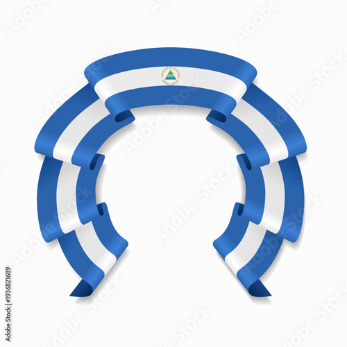 Nicaraguan flag circular wavy ribbon, symbolizing national pride, ideal for patriotic badges, certificates, or cultural design themes. Vector illustration.