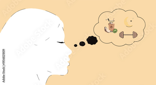 Minimalist illustration of a person's head with thought bubble showing healthy daily routine icons