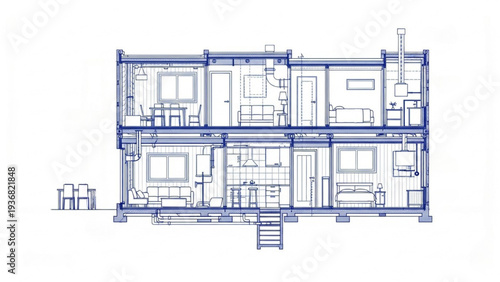 Architectural Design Container Home Section View Blueprint Technical Cutaway Illustration