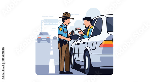 Police officer checking driver documents roadside vector