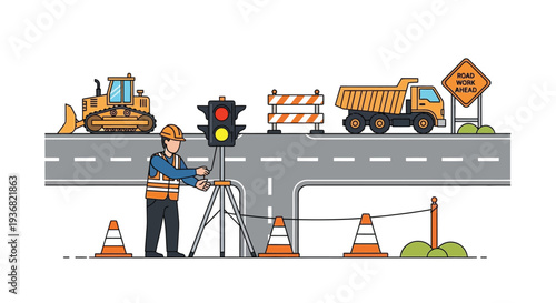 Survey engineer measuring road construction level vector