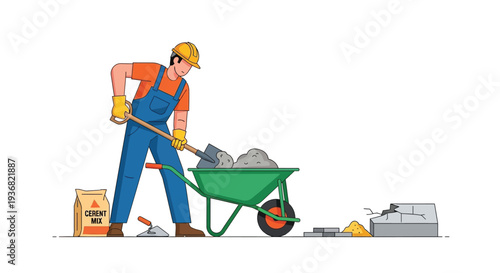 Mason mixing cement with wheelbarrow at site vector