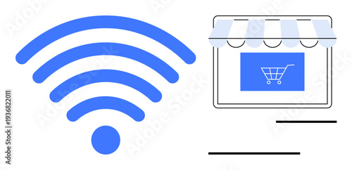 E-commerce, internet shopping, connectivity, digital retail, mobile commerce, wireless technology. wireless signal next to a storefront with a shopping cart icon. E-commerce and internet shopping