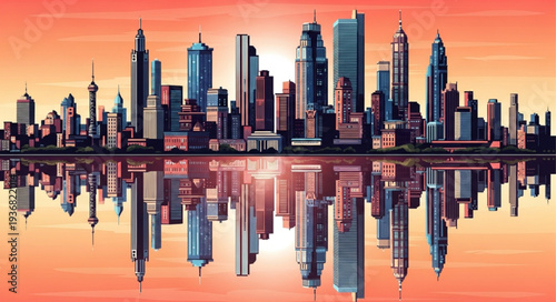 Modern City Skyline with Skyscrapers and Reflection.