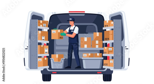 Delivery driver organizing parcels inside cargo van