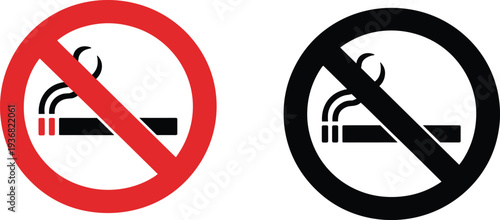 No smoking sign set with red and black forbidden symbols, cigarette icons vector illustration for public safety