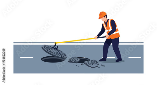 Road worker cleaning storm drain with tool vector