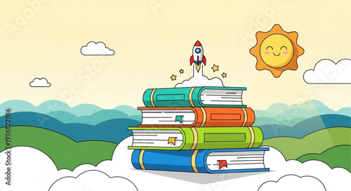 Stack of colorful books with a child flying above.
