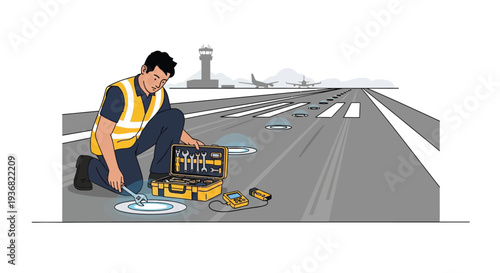 Airport runway technician repairing ground lights vector