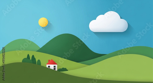 Scenic Landscape with Rolling Green Hills and Small House.