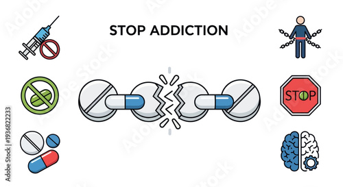 Stop Drug Addiction Concept: Breaking Chains of Pills and Syringe Icons