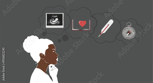 Minimalist Illustration of a Black Woman Thinking about Pregnancy, Health, and Life Choices with Thought Bubbles