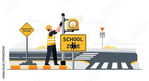School zone traffic control worker vector illustration