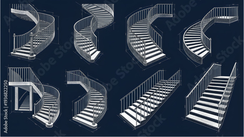 Hatch Texture Style Collection of Staircase Blueprint Editable Vector Blue Background