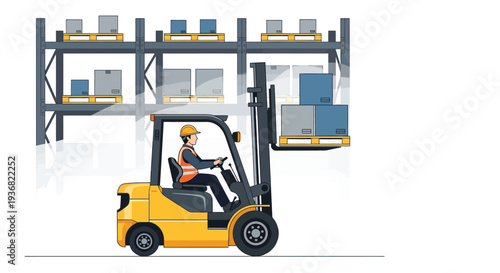 Forklift driver moving cargo in warehouse vector