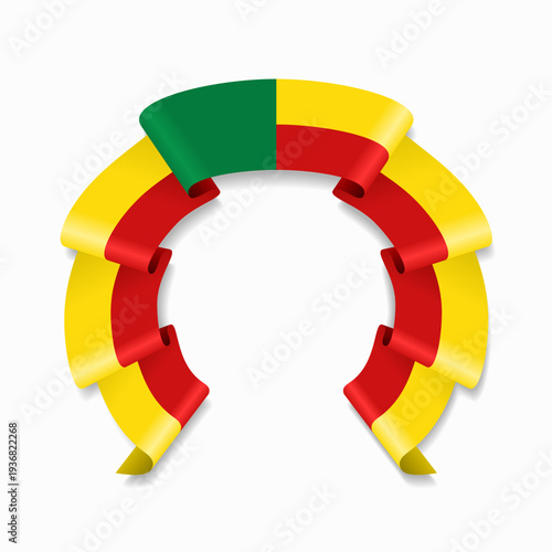 Benin flag circular wavy ribbon, symbolizing national pride, ideal for patriotic badges, certificates, or cultural design themes. Vector illustration.
