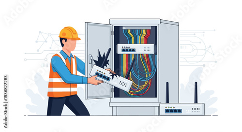 Technician installing electrical router system vector