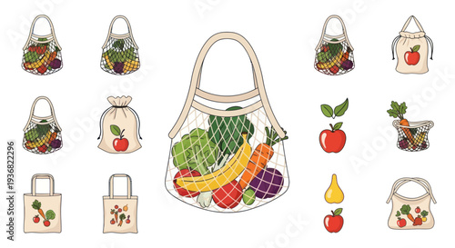 Eco-friendly shopping bags with fresh fruits and vegetables, zero waste concept