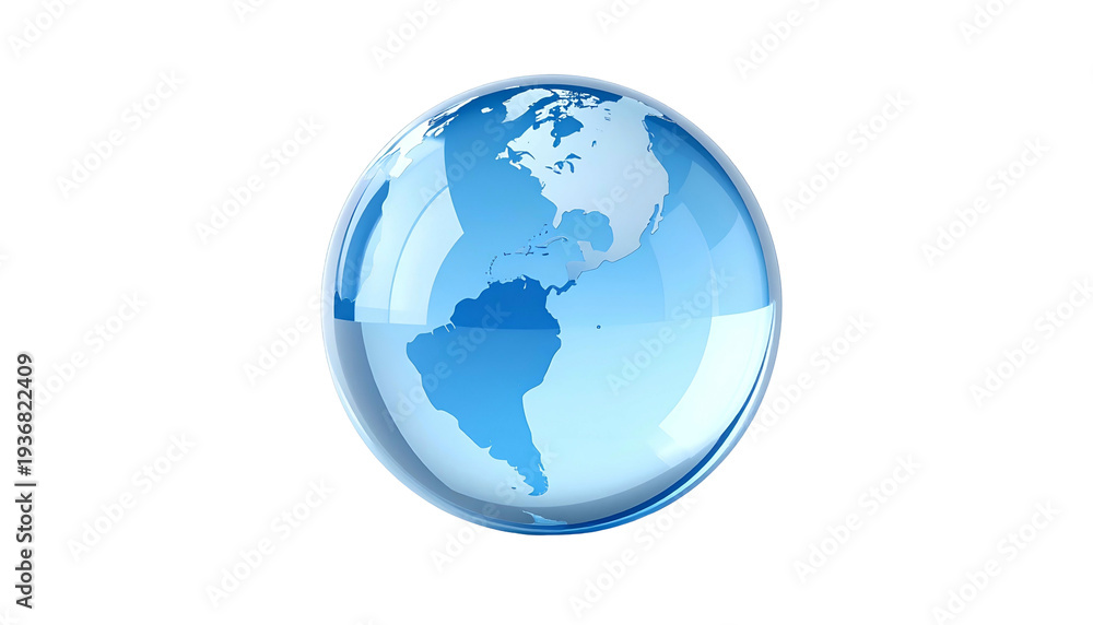 Fototapeta premium A glossy, transparent 3D globe showing the Americas, floating against a black background