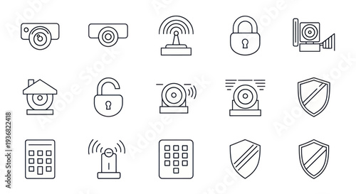 Security System Icons: Cameras, Locks, Shields, Sirens, Keypads, Antennas