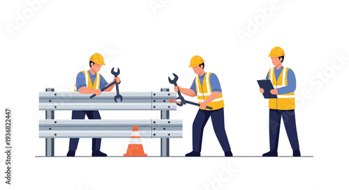 Engineers assembling metal structure vector illustration