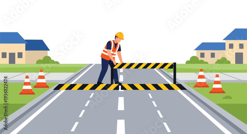 Road worker installing speed breaker vector illustration