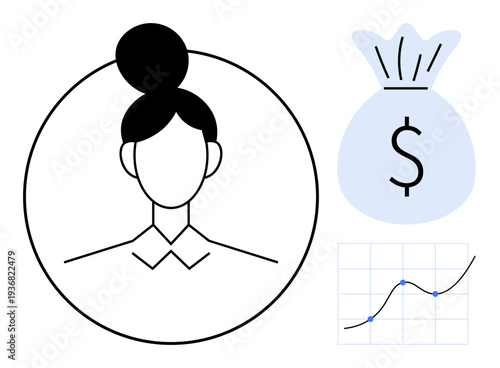 Financial success, investment strategy, business growth, economic trends, personal finance, profit tracking. Woman profile next to money bag and graph. Financial success and investment topics