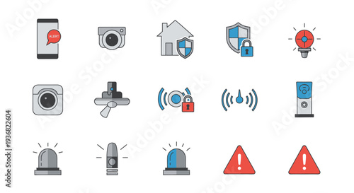 Smart Home Security System Icons Set: Surveillance, Alarm, Protection, Technology