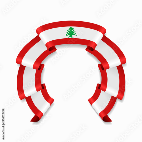 Lebanese flag circular wavy ribbon, symbolizing national pride, ideal for patriotic badges, certificates, or cultural design themes. Vector illustration.