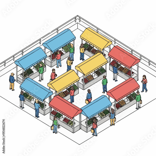 Isometric illustration of a bustling outdoor market with vendors and shoppers.