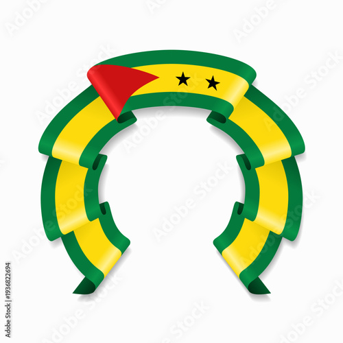 Sao Tome and Principe flag circular wavy ribbon, symbolizing national pride, ideal for patriotic badges, certificates, or cultural design themes. Vector illustration.