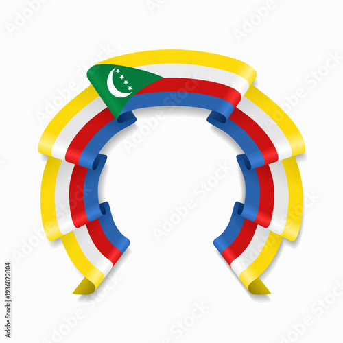 Comoros flag circular wavy ribbon, symbolizing national pride, ideal for patriotic badges, certificates, or cultural design themes. Vector illustration.
