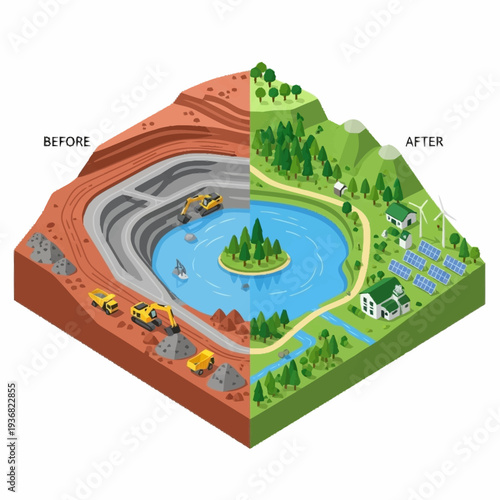 Isometric illustration of a mine reclamation process transforming a mining site into a sustainable landscape.