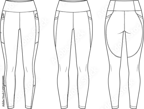 CAD drawing flat vector illustration of women high waisted yoga leggings with side pockets front and back view for fashion.