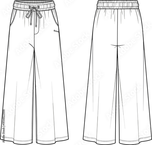 CAD drawing flat vector illustration of women drawstring wide leg trousers with elastic waistband front and back view for fashion design.