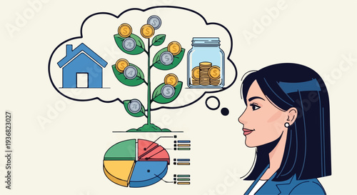 Woman thinking about financial investment, savings, growth with money tree, house, pie chart
