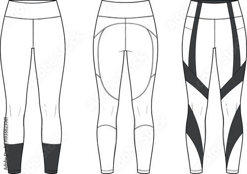 Women's High Waisted Performance Leggings Technical Flat Sketch, Contoured Activewear Yoga Pants Front and Back View, CAD Drawing, Vector Illustration
