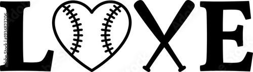 Love text with softball heart and crossed bats