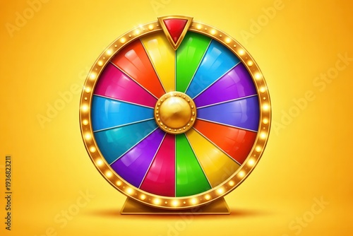 Colorful prize wheel with golden frame and pointer isolated on bright yellow background