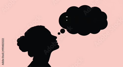 Black Woman Head Silhouette with Empty Thought Bubble on Light Pink Background