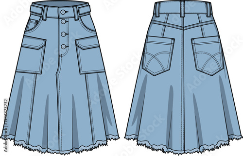 Women's A-Line Denim Skirt Technical Flat Sketch, Button Front Midi Skirt with Cargo Pockets and Raw Hem, CAD Drawing, Vector Illustration