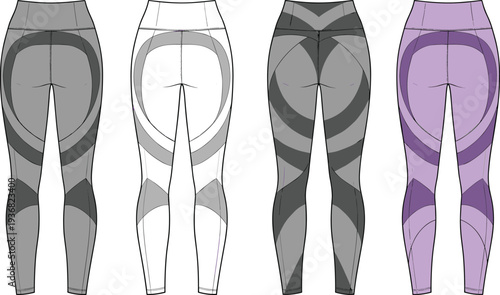 Women's High Waisted Performance Leggings Technical Flat Sketch, Contoured Activewear Yoga Pants Front and Back View, CAD Drawing, Vector Illustration