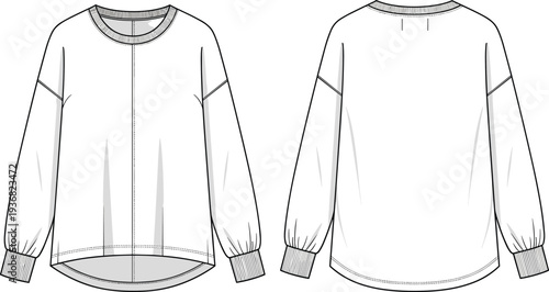 Women's Oversized Crewneck Sweatshirt Technical Flat Sketch, Dropped Shoulder Long Sleeve Pullover Front and Back View CAD Drawing, Vector Illustration