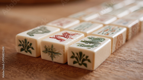 Close-up row of mahjong tiles with engraved characters and floral motifs for game background and tabletop banner design