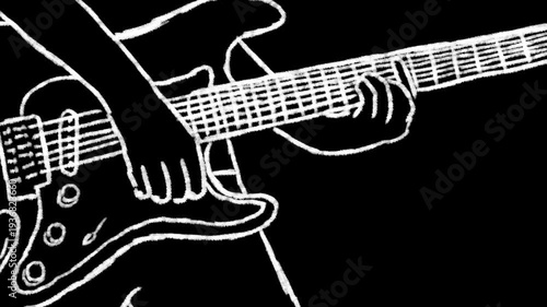 rotoscope animation of guitarist playing electric guitar. sketch doodle raw line style on black background