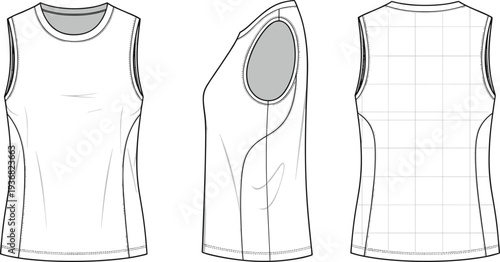 Women's Crew Neck Muscle Tank Top Technical Flat Sketch, Sleeveless Activewear Sport Shirt Front Back Side View, CAD Drawing, Vector Illustration