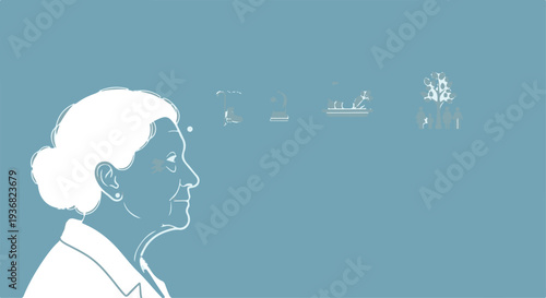 Minimalist White Line Art Illustration of Senior Woman's Profile with Scientific Icons