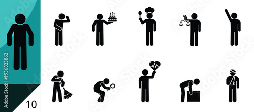 Black vector human stickman silhouettes in various poses isolated on white background. Perfect for infographics, presentations, icons, and design projects.