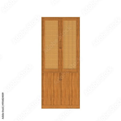 Front view of a teak wardrobe with woven rattan panels. Golden brown teak grain combined with natural cane creates a tropical inspired storage cabinet with timeless appeal.