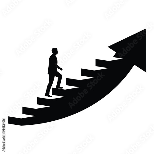 Man climbing stairs with large arrow pointing upwards isolated on white background